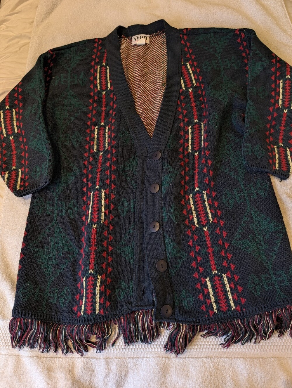 Vintage 90s Avon Style Fringe Cardigan Sweater M/L Southwestern Aztec Boho USA